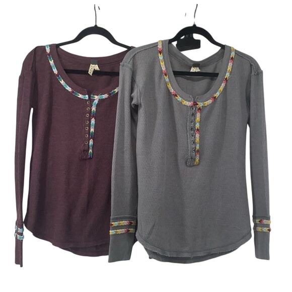 Lot (2): Free People XS Thermal Henley Top Small Gray/wine Embroidered Rainbow - Picture 1 of 12